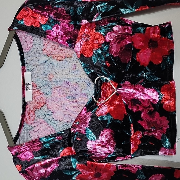 Madden Floral Velvet Crop Top Size XS Long Sleeve Rhinestone Sweetheart Coquette - Picture 2 of 12